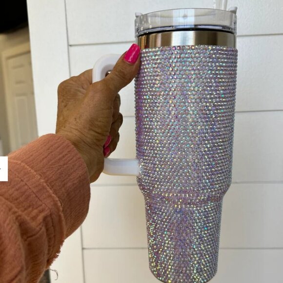 WHITE RHINESTONE 40oz TUMBLER WITH HANDLE- BLING CUP - Picture 7 of 7
